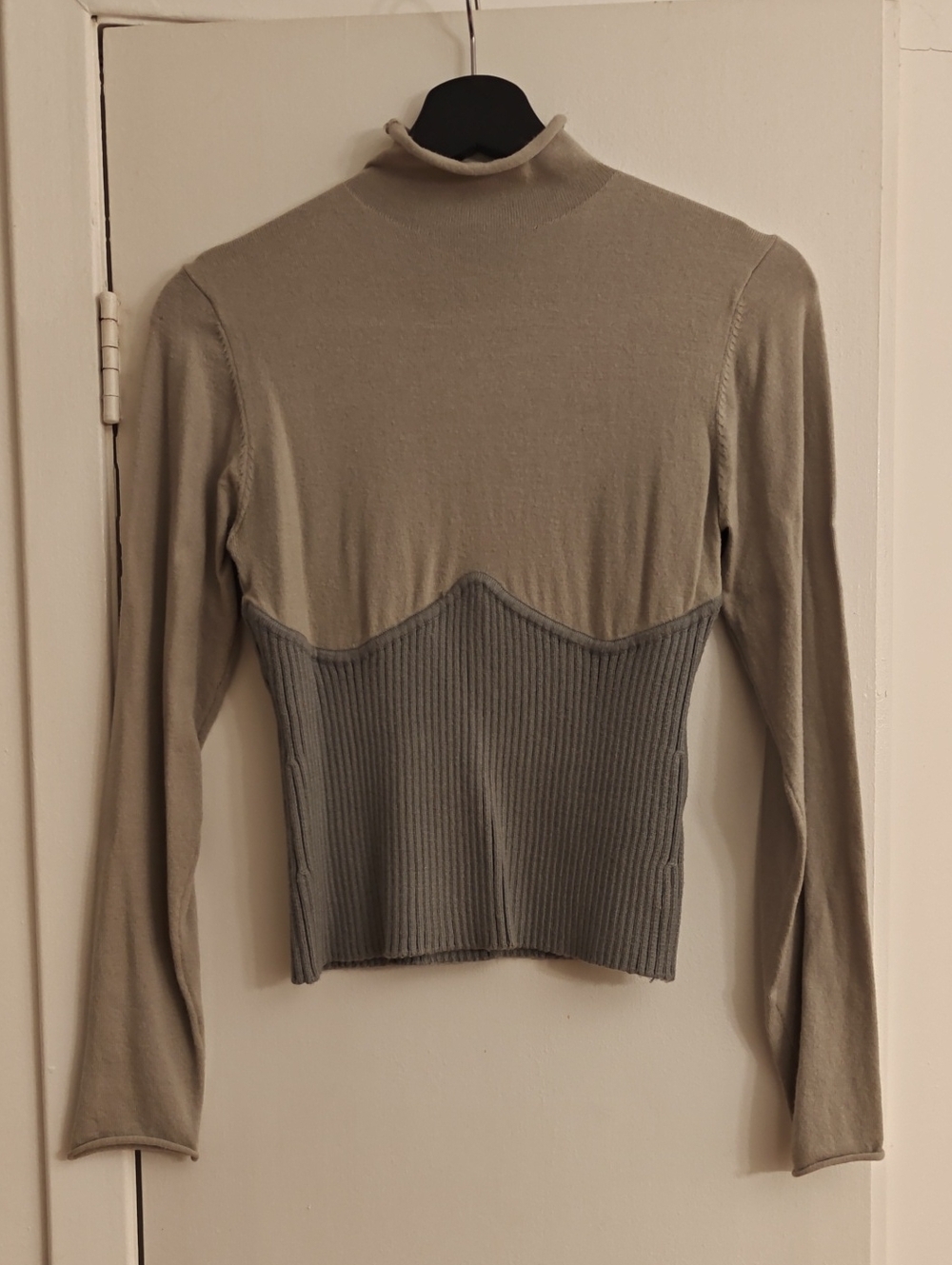 Zara Two-Tone Sage And Dusty Blue Mock Neck Long Sleeve Top